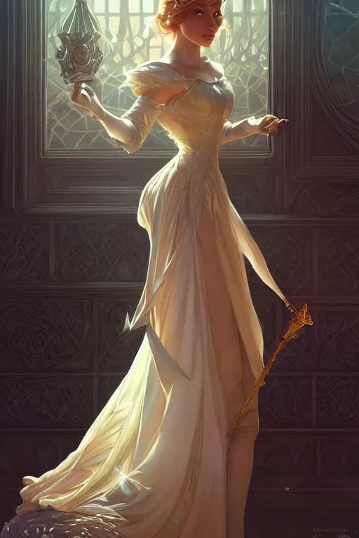 Image similar to cinderella, D&D, fantasy, intricate, elegant, highly detailed, digital painting, artstation, concept art, matte, sharp focus, illustration, art by Artgerm and Greg Rutkowski and Alphonse Mucha