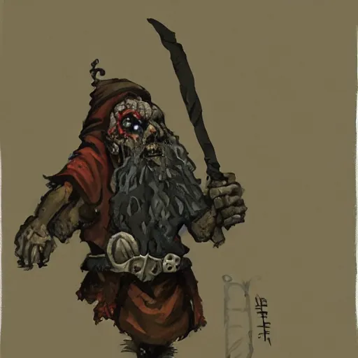 Image similar to gouache of a dwarf necromancer fixing up a zombie