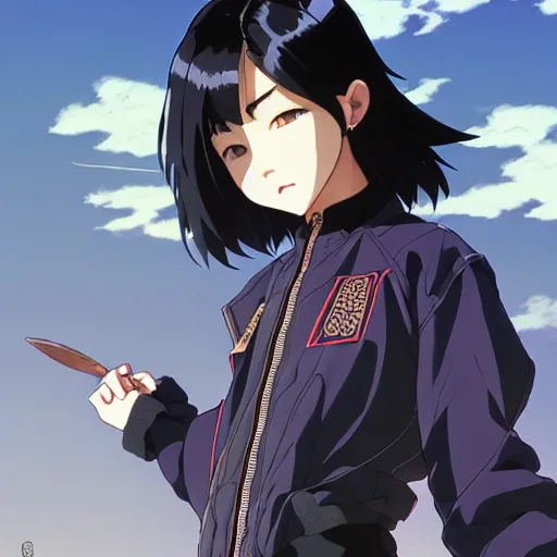 Prompt: a beautiful boyish cassandra cain alluring gravure model, wearing oversized mayan bomber jacket and leotard with overalls, bulky poofy aztec native style bomber jacket with mayan patterns, gapmoe yandere grimdark, trending on pixiv fanbox, painted by greg rutkowski makoto shinkai takashi takeuchi studio ghibli, akihiko yoshida