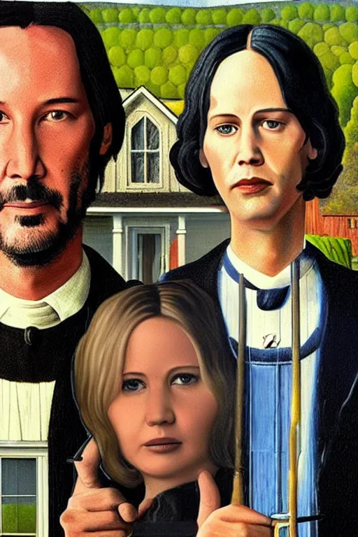 Image similar to painting of Keanu Reeves and Jennifer Lawrence as the couple in American Gothic in the style of Grant Wood