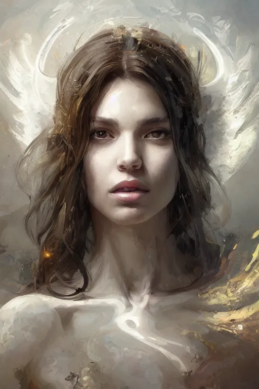Image similar to >> dynamic professional painting of a beautiful godness archangel e , olive skin, long dark hair, beautiful bone structure, symmetrical facial features, intricate, elegant, digital painting, concept art, smooth, sharp focus, illustration, by Ruan Jia and Mandy Jurgens and Artgerm and William-Adolphe Bouguerea