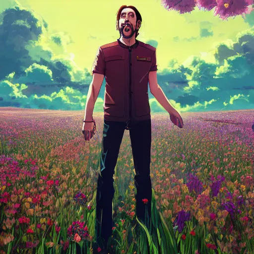 Prompt: a portrait of Nicolas Cage, field of flowers background, rich vivid colors, ambient lighting, dynamic lighting, 4k, official media, anime key visual, makoto shinkai, ilya kuvshinov, lois van baarle, rossdraws, detailed, trending on artstation