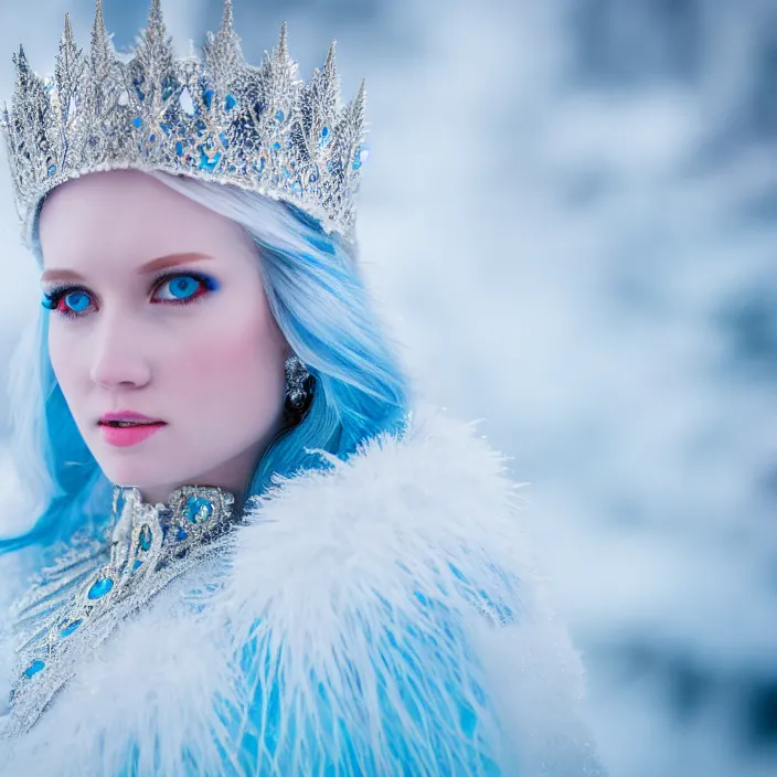 Prompt: professional photograph of a real - life ice queen with ornate robes. extremely detailed. dslr. 8 0 0 mm. 8 k