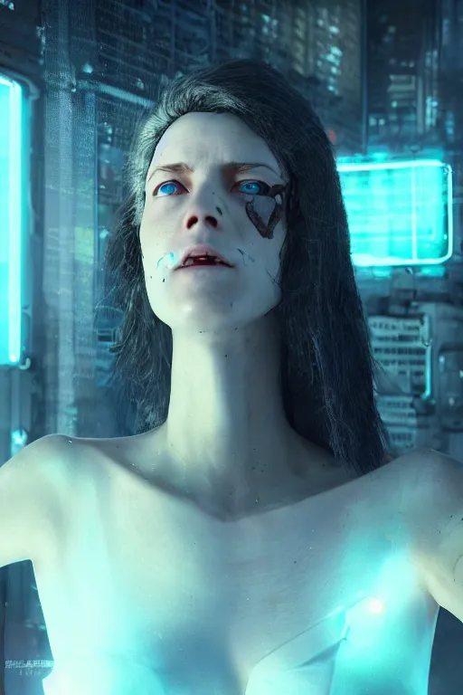 Prompt: a cyberpunk woman awakening from a test tube, opening her eyes for the first time, conceiving the dystopian world around her, illustrated by greg rutkowski, roger magrini, richard mortensen and leticia gillett, dramatic lighting, envious atmosphere, daz 3 d, unreal engine 5, cgsociety contest winner, 4 k