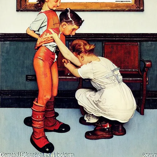 Image similar to a Norman Rockwell painting of a girl fixing her robot