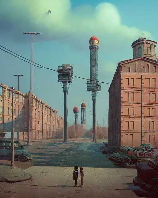 Image similar to a beautiful painting of old soviet city, by simon stalenhag and zdzisław beksinski and rene magritte and greg rutkowski, in style of digital art. hyper detailed, rim light, exquisite lighting, clear focus, very coherent, plain background, soft painting