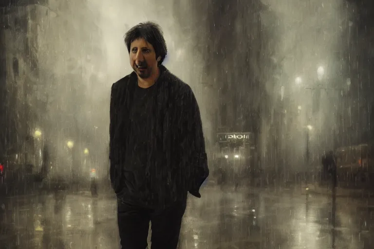 Image similar to ray romano, portrait, physically upset, gritty expressive male face, outdoor background, stadium atmosphere, rain storm, ethereal details, night, cinematic lighting, hyper - detailed, maximalist, trending on artstation, cgsociety, 8 k, high resolution, in the style of faiza maghni, david ligare, flora borsi, daniel gerhartz, elena masci