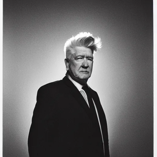 Image similar to Black & White portrait photograph of David Lynch, Chiaroscuro lighting