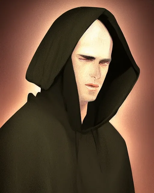 Prompt: digital art portrait of a young man in dark robes, hooded, made by WLOP, WLOP