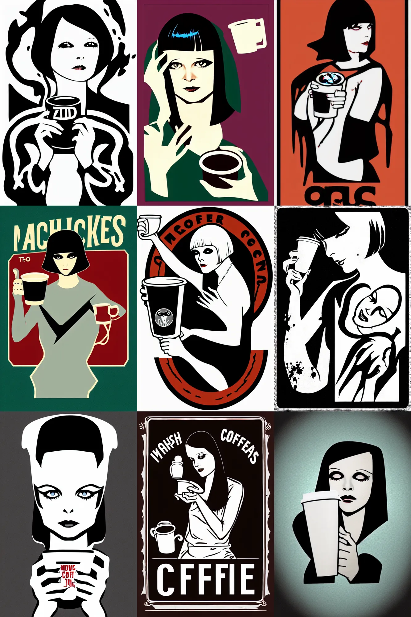 Prompt: patch logo design, vector, mary louise brooks as a zombie holding coffee cup, phil noto