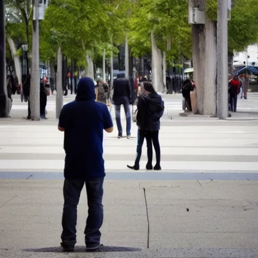 Prompt: paranoid man in public being watched by everyone.