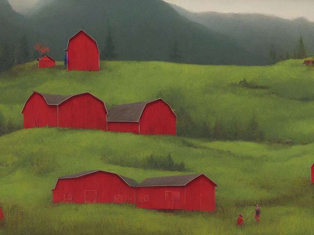 Image similar to An isolated red barn in a lush valley at noon. Simon Stalenhag, highly detailed.