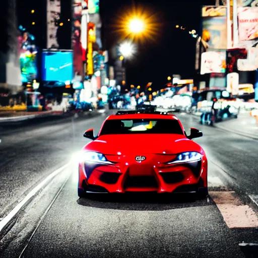 Prompt: still of a toyota supra on the road in New York, action shot, 85mm, night city, anime, cell shaded, in the spotlight