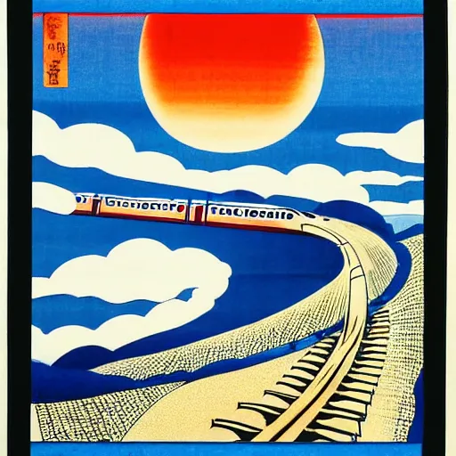 Image similar to high speed train in india against a giant rising sun, ukiyo - e style, lithograph, textile print