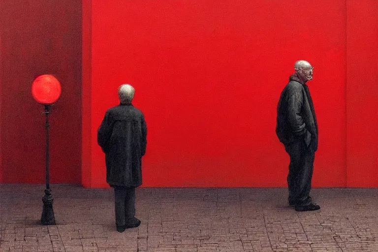 Image similar to only with red, a red old man try to sell a portrait, crowd cheering, in a city square, in the style of beksinski, parts by edward hopper, parts by rodcenko, parts by yue minjun, intricate and epic composition, red by caravaggio, insanely quality, highly detailed, masterpiece, red light, artstation, 4 k