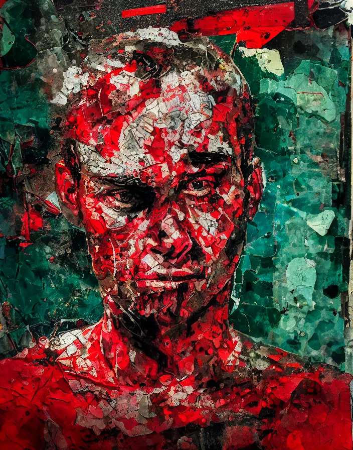 Prompt: young fight club fighter in rage detailed analogue mixed media collage with canvas texture in style of contemporary art, punk art, hyperrealistic beautiful face, photorealism, expressionism, masterpiece, perfect composition, spectacular quality, intricate oil details, dark red green background, broken glass