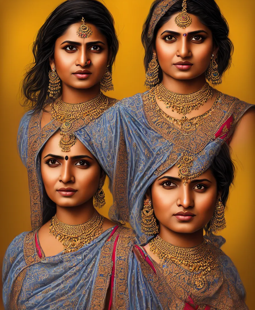 Prompt: highly detailed full body portrait of south asian brown woman in traditional wear, studio portrait, grey colored eyes, blue colored traditional wear, photo by jerry ghionis, hyper realistic, concept art, 8 k detail post - processing