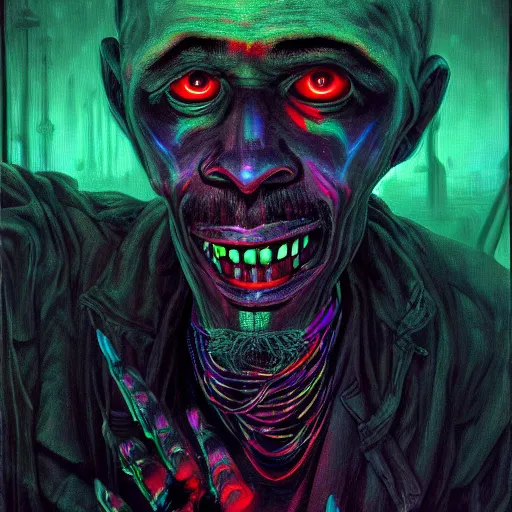 Image similar to a death tarot featuring a haitian voodoo priest with menacing eyes, blacklight neon colors, by anton semenov and android jones in cyberpunk voodoo style, oil on canvas, 8k