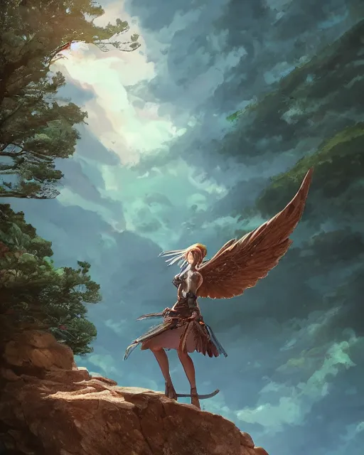 Prompt: a female anthropomorphic eagle warrior standing heroically on a rock. trees. She has two wings at her back. Atmospheric lighting, By Makoto Shinkai, Stanley Artgerm Lau, WLOP, Rossdraws, James Jean, Andrei Riabovitchev, Marc Simonetti, krenz cushart, Sakimichan, D&D trending on ArtStation, digital art.