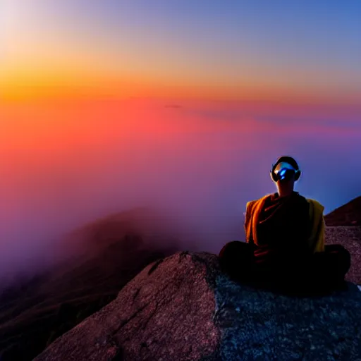 Image similar to a monk training on top of a mountain, fog, midjourney style, sunset, beautiful