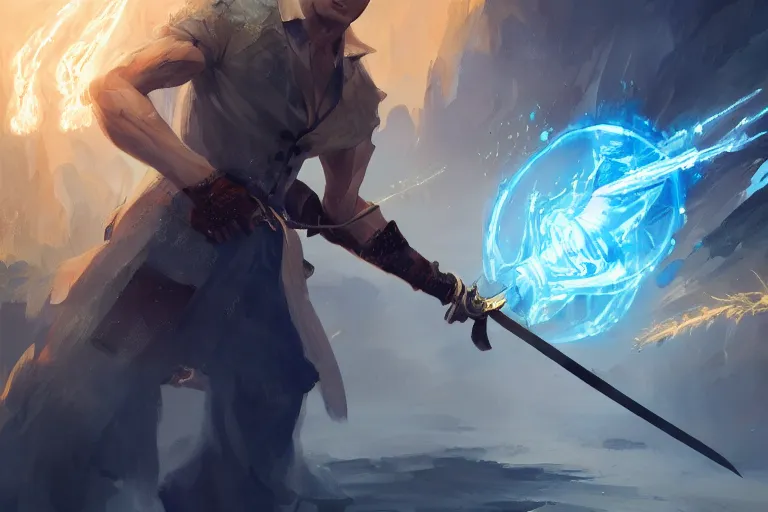 Prompt: a blonde man in a blue suit with a sword attacking a filipino fighter with a rune blade, d & d, heartstone, digital painting, volumetric light, intricate, sharp, focus, bloom, illustration, highly detailed, concept art, matte, ruan jia, randy vargas, greg rutkowski