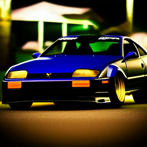 Image similar to a car 300ZX turbo drift at illegal car meet, Chiba prefecture, city midnight mist lights, cinematic color, photorealistic, highly detailed wheels
