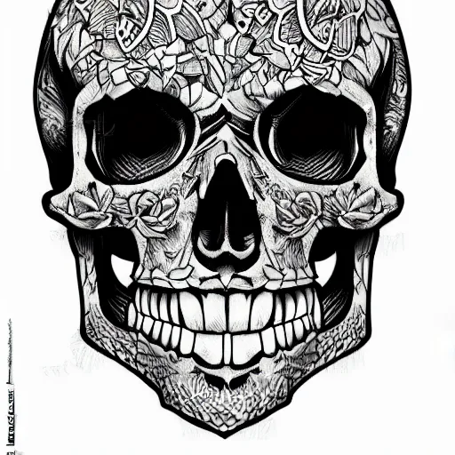 Image similar to highly detailed skull, Japanese style, tattoo ink sketch, isolated on white background