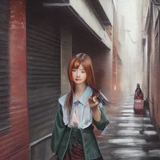 Image similar to a perfect, realistic professional oil painting of a Japanese schoolgirl posing in a dystopian alleyway, style of Marvel, full length, by a professional American senior artist on ArtStation, a high-quality hollywood-style concept