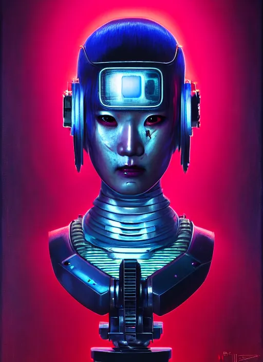 Prompt: cinematic bust portrait of a Japanese female cyberpunk cyborg, head and chest only, exotic alien features, grunge, grime, tech-noir, low-key, glowing lights, robot parts, computer monitors, Tim Hildebrandt, Wayne Barlowe, Bruce Pennington, donato giancola, larry elmore, oil on canvas, masterpiece, trending on artstation, featured on pixiv, cinematic composition, dramatic pose, beautiful lighting, sharp, details, hyper-detailed, HD, HDR, 4K, 8K
