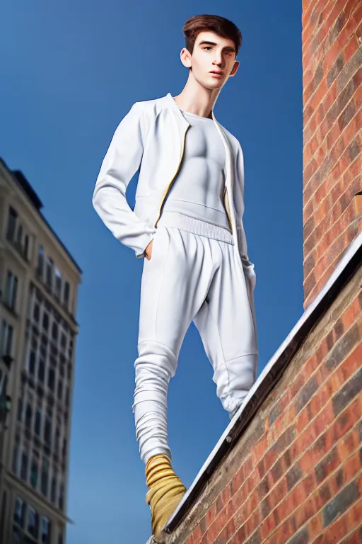 Image similar to un ultra high definition studio quality photographic art portrait of a young man standing on the rooftop of a british apartment building wearing soft padded silver pearlescent clothing. three point light. extremely detailed. golden ratio, ray tracing, volumetric light, shallow depth of field. set dressed.