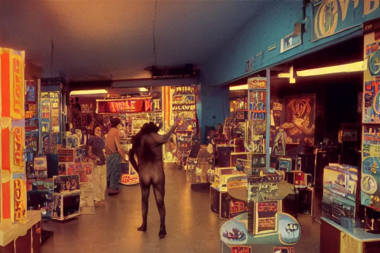 Prompt: Large gorilla shopping, inside of a 1970s music store store, neon lights, dirty, ektachrome photograph, volumetric lighting, f8 aperture, cinematic Eastman 5384 film