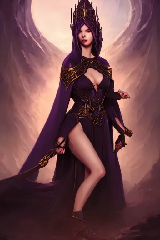 Prompt: Fantasy portrait, Necromancer, female, alluring, beautiful face, dark garments, dark pruple robes, gold bracelet, Black cloak from neck to ankles, pin-up, shapely toned derriere, matte painting, by WLOP, artstation