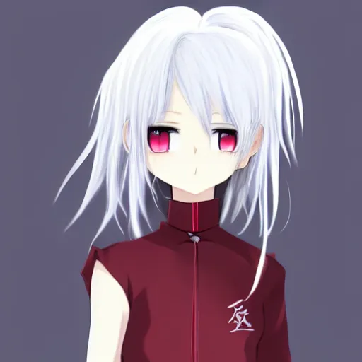 Image similar to white hair, red eyes, two small horn on the head, anime style, anime girl