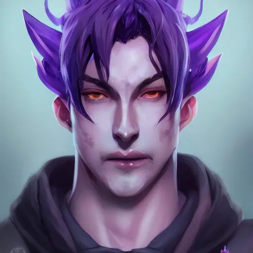 Prompt: male necromancer purple skin, anime key visual, handsome and attractive man, highly detailed, smooth, sharp focus, trending on artstation, concept art, by shumolly and monable and artgerm and greg rutkowski and jo chen and pilyeon and ruan jia