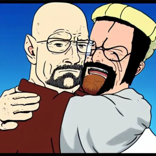 Prompt: Michael Ehrmantraut hugging walter white from behind wrestling breaking bad in one piece anime style