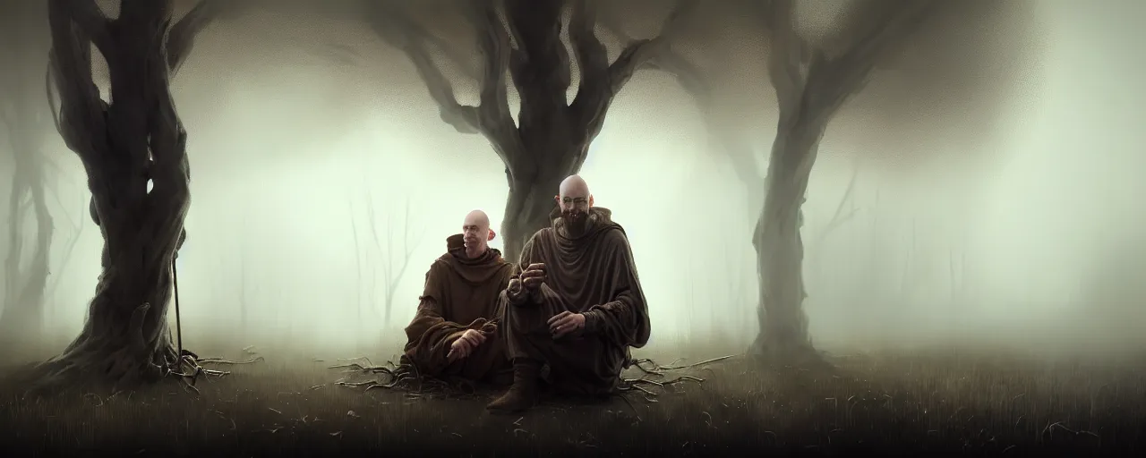 Image similar to duotone concept illustration 3 / 4 portrait bald merchant demon sitting below willow tree in a foggy evening rustical style. medieval brown tunic with pouches. cinematic volumentric lighting. accidental renaissance. by sachin teng and sergey kolesov and ruan jia and heng z. graffiti art, scifi, fantasy, hyper detailed. octane render. trending on artstation