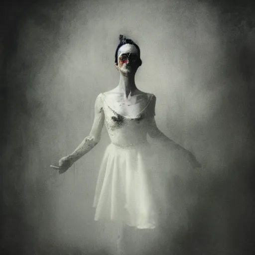 Prompt: dark ballerina, emil melmoth, portrait, concept art, deviantart, dark, 3 5 mm, chiaroscuro, surrealist, victorian, mist, dark, dancing in an empty room