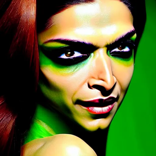 Image similar to A beautiful portrait of Deepika Padukone as Poison Ivy from Batman as a Versace fashion model Spring/Summer 2010, highly detailed, in the style of cinematic, Getty images, Milan fashion week backstage, Makeup by Pat McGrath, Hair by Guido Palau,Greg rutkowski