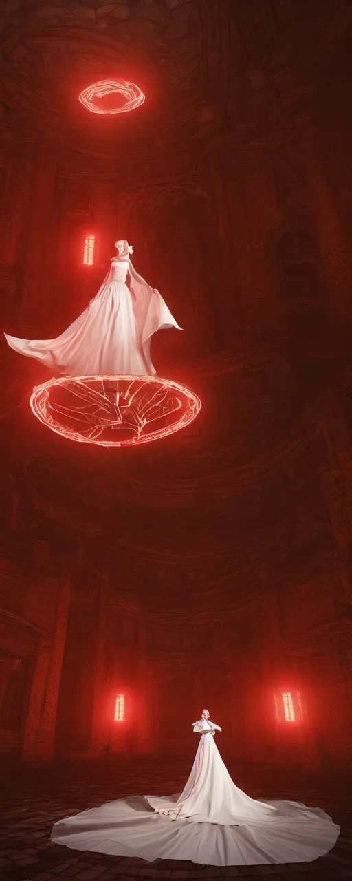 Prompt: woman with red hair and white gown stands in the middle of the castle room emitting a red light. Octane Render, Unreal engine, Realism, Detailed, 8k, V-Ray