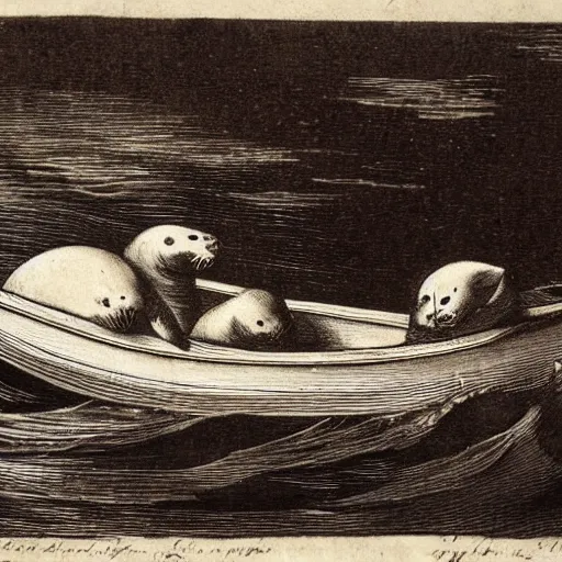Prompt: baby seals sailing on boat, engraving from 1750