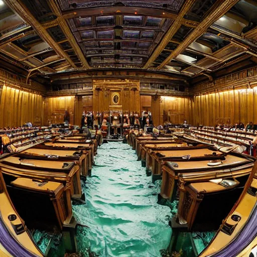 Image similar to uk parliament deep underwater, dredged seabed, shot on gopro9, moody lighting, 8k, very very very highly detailed, hyper realistic realistic