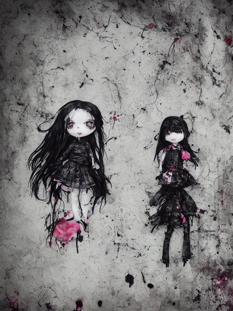 Prompt: cute fumo plush gothic black enigmatic maiden girl painted in spilt ink and washed watercolor, avant garde pop art, graffiti in an abandoned overgrown warehouse, vray