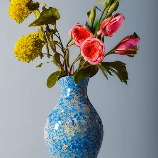 Prompt: studio photo of a ceramic vase, in the shape of a human body. with flowers. baroque details. museum. close up photo. bokeh. photorealistic, ultra detailed.