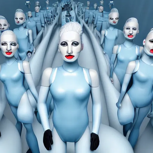 Image similar to troop of cloned freakshow women with white bob hairdos, tight light blue neopren suits, futuristic production facility, sci - fi, highly detailed, cinematic