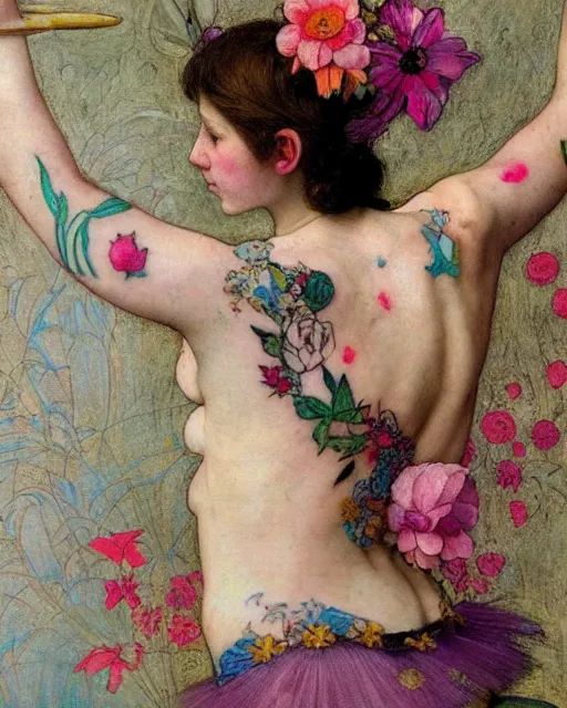 Prompt: close up of a beautiful ballerina dancing with colourful tattoos surrounded by colourful flowers, by edgar maxence and caravaggio and michael whela, artistic, intricate drawing, light brazen, realistic fantasy, 8 k resolution