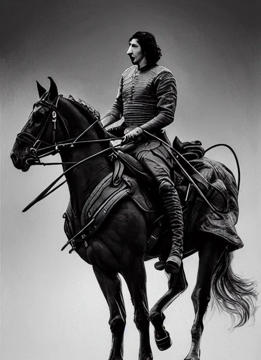 Image similar to painting of adam driver and john oliver, riding horse, stoic, full body, military uniform, fantasy, intricate, elegant, beautiful, highly detailed, charcoal, centered, dark, smokey, digital painting, artstation, concept art, smooth, sharp focus, illustration, art by artgerm and greg rutkowski and alphonse mucha