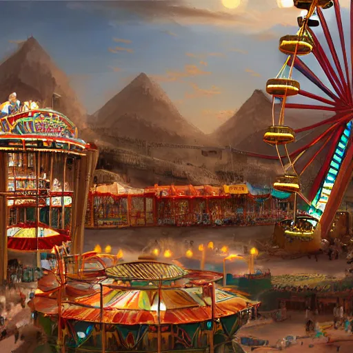 Prompt: an amusement park in old egypt, ferris wheel, bumper cars, lights, digital art, trending on artstation, matte painting