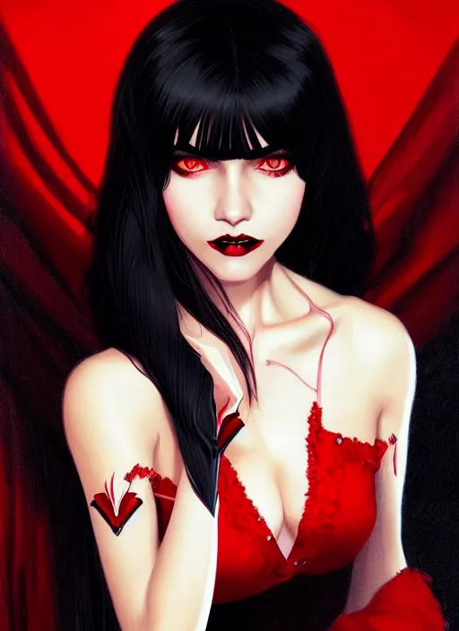 Image similar to portrait of vampire veronica lodge with bangs, vampire fangs, vampire, long hair, red clothes, bangs, vampironica, intricate, elegant, glowing lights, highly detailed, digital painting, artstation, concept art, smooth, sharp focus, illustration, art by wlop, mars ravelo and greg rutkowski