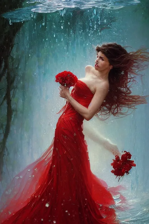 Image similar to portrait of a beautiful woman wearing a red dress, holding a bouquet of flowing flowers, drenched body, wet dripping hair, emerging from the water, fantasy, regal, fractal crystal, fractal gems, by stanley artgerm lau, greg rutkowski, thomas kindkade, alphonse mucha, loish, norman rockwell