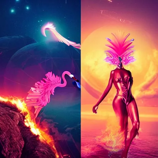 Prompt: a colossal goddess wearing a flamingo fashion, sci - fi aesthetics, on fire, photoshop, colossal, creative and cool, giant, digital art, photo manipulation, planets, with earth, outer space, smoke